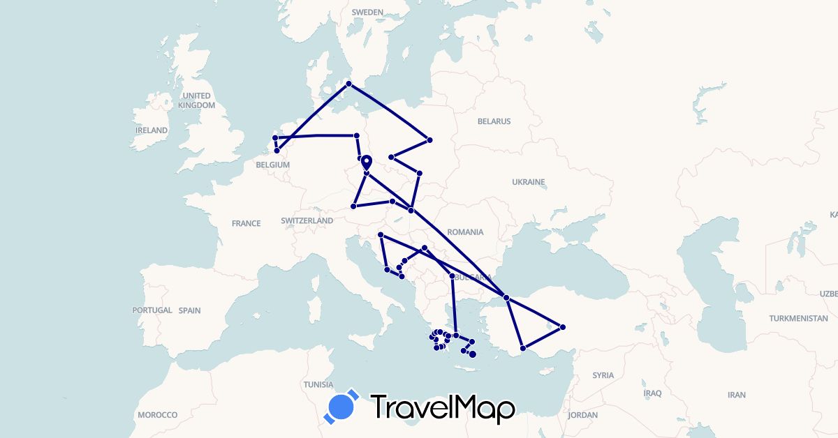 TravelMap itinerary: driving in Austria, Bosnia and Herzegovina, Bulgaria, Czech Republic, Germany, Denmark, Greece, Croatia, Hungary, Netherlands, Poland, Serbia, Slovakia, Turkey (Asia, Europe)